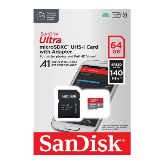 SANDISK ULTRA MICRO SDXC + ADAPTER 64GB CL10 UHS-I (140 MB/s olvasási sebesség)
