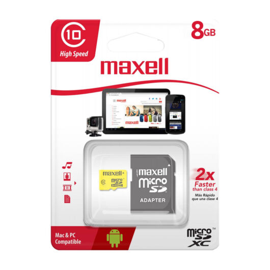 Maxell Yellow 8GB micro SDHC + adapter CL10 (20 MB/s olvasási sebesség)