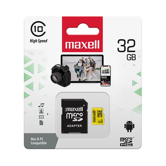 Maxell Yellow 32GB micro SDHC memóriakártya Class 10 adapterrel 80 MB/s olvasási sebességgel