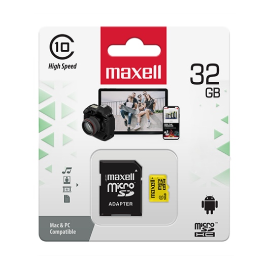 Maxell Yellow 32GB micro SDHC + adapter CL10 (80 MB/s olvasási sebesség)