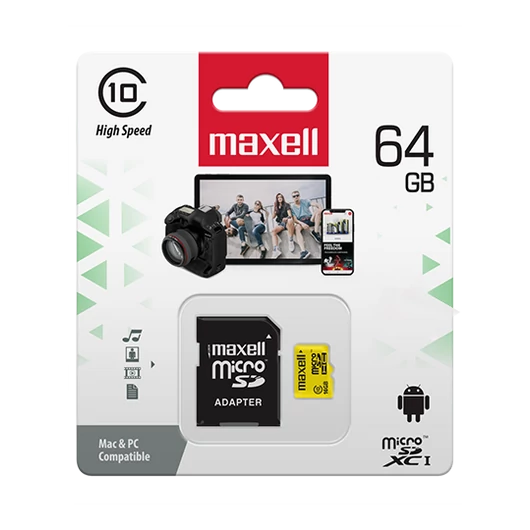 Maxell Yellow 64GB micro SDHC + adapter CL10 (80 MB/s olvasási sebesség)