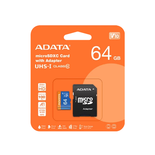 ADATA Premier microSDXC memóriakártya adapterrel 64GB Class 10 UHS-I U1 V10 A1 - kék/fekete