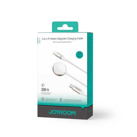 Joyroom 2 az 1-ben Apple Watch mágneses töltő Type-C és Lightning kábellel 30W 1,2 m - fehér