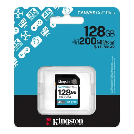 Kingston Canvas Go Plus SDXC memóriakártya 128GB CL10 UHS-I U3 V30 (200 MB/s olvasási sebesség)