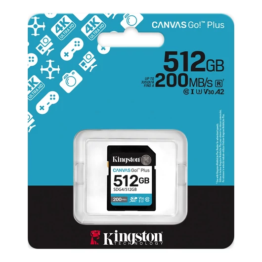 Kingston Canvas Go Plus SDXC memóriakártya 512GB CL10 UHS-I U3 V30 (200 MB/s olvasási sebesség)