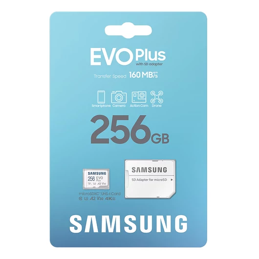 SAMSUNG EVO PLUS MICRO SDXC + ADAPTER 256GB CL10 UHS-I (160 MB/s olvasási sebesség)