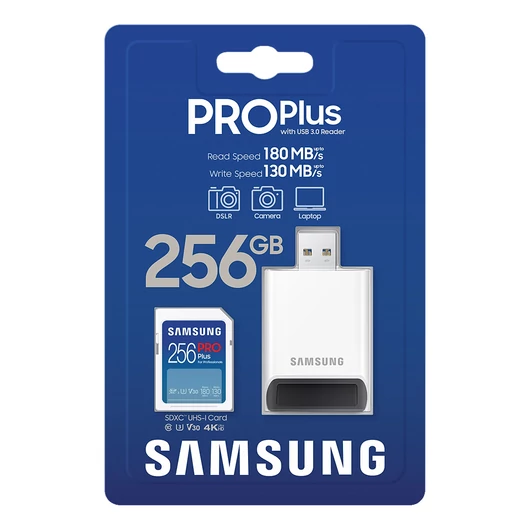 Samsung SDXC 256GB PRO Plus memóriakártya USB adapterrel CL10 UHS-I (180/130 MB/s)