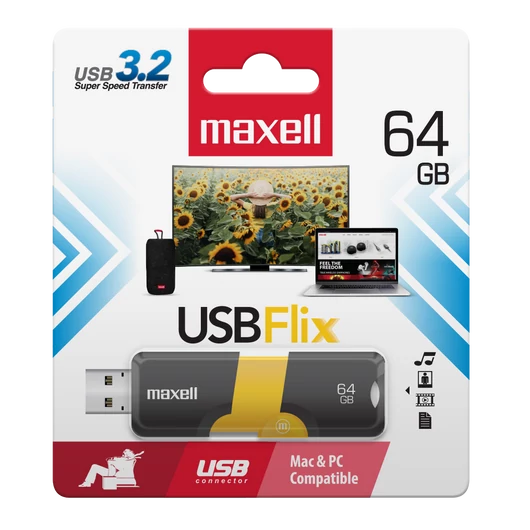 Maxell FLIX pendrive USB 3.0 64GB 130/50 MB/s - fekete/sárga