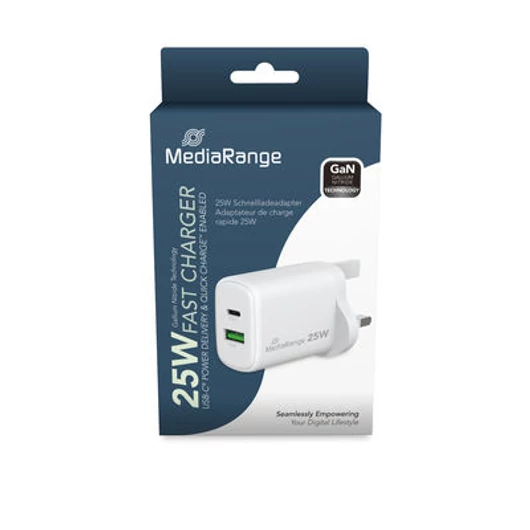 MediaRange GaN hálózati töltő 1xUSB-A és 1xUSB-C csatlakozással 25W UK-Plug - fehér