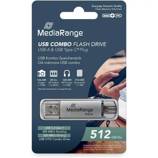 MediaRange Combo pendrive 512GB USB 3.2 + Type-C - ezüst
