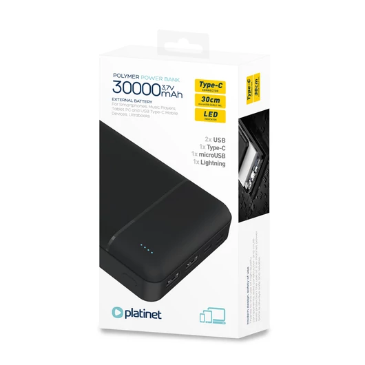 Platinet power bank 30000 mAh 10W 2xUSB LED kijelzővel - fekete