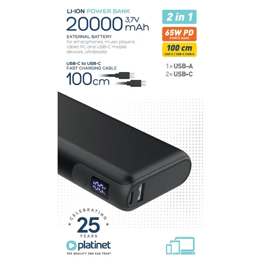 Platinet Polymer Power Bank külső akkumulátor 65W PD QC 2x USB-C LED kijelzővel 20000mAh - fekete