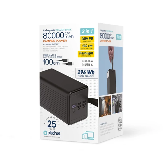 Platinet PMPB8020 power bank 80000 mAh 20W PD zseblámpa funkcióval - fekete