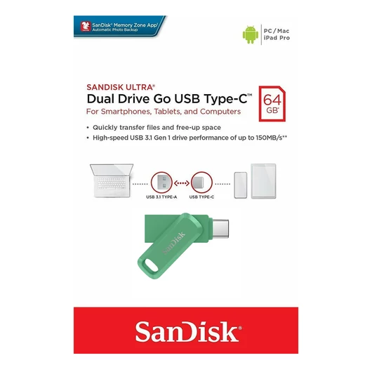 SanDisk Ultra Dual Drive Go pendrive 64GB USB 3.1 Type-C - zöld