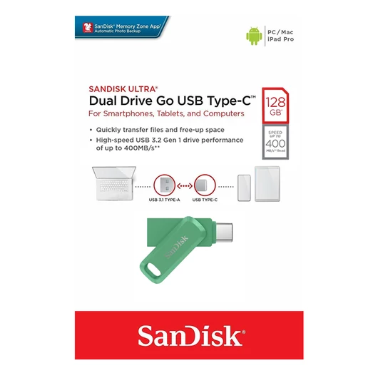 SANDISK ULTRA DUAL DRIVE GO PENDRIVE 128GB USB 3.1+ Type C Zöld