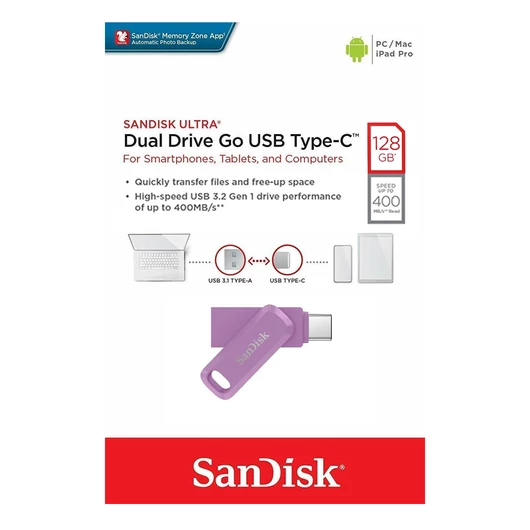 SANDISK ULTRA DUAL DRIVE GO PENDRIVE 128GB USB 3.1 [400MB/s] + Type C  Lila