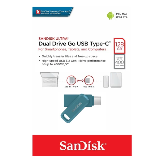 SanDisk Ultra Dual Drive Go pendrive 128GB USB 3.1 Type-C csatlakozóval 400MB/s - kék