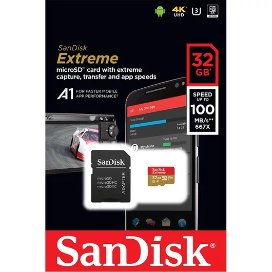 SanDisk Extreme 32GB Micro SDHC Memóriakártya UHS-I Android Class 10 + Adapter (SDSQXAF-032G-GN6MA) - SDSQXAF_032G_GN6MA