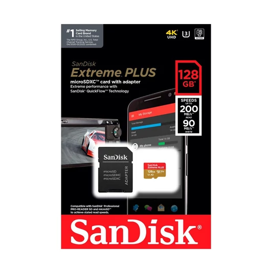 SanDisk Extreme Plus 128GB Micro SDXC memóriakártya U3 V30 adapterrel (200/90 MB/s)