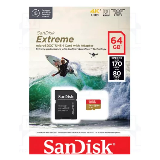 SanDisk Extreme microSDXC memóriakártya 64GB U3 V30 adapterrel 170/80 MB/s