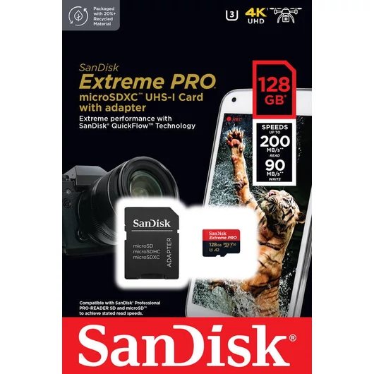 SanDisk Extreme Pro 128GB Micro SDXC U3 V30 (200/90 MB/s) + Adapter