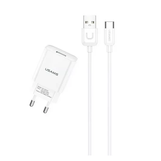USAMS T21 hálózati töltő 1xUSB csatlakozással 2.1A Type-C kábellel 1m - fehér (T21OCTC01)