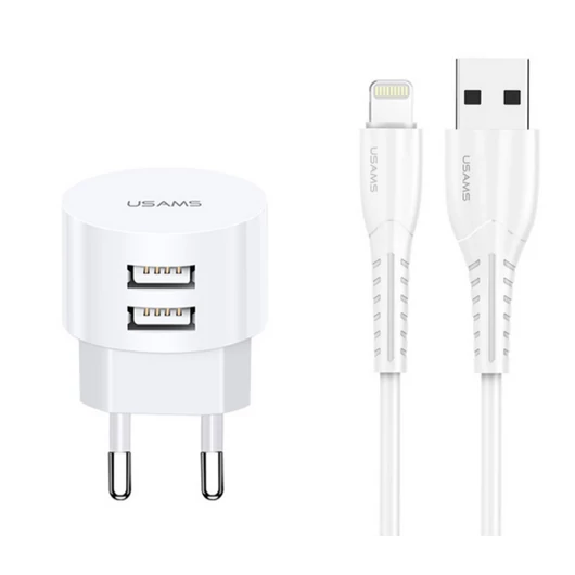 USAMS T20 kerek töltőfej 2XUSB 2.1 Fehér, 1m lightning kábellel