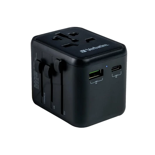 Verbatim UTA-02 univerzális utazási adapter USB-C PD és USB-A QC portokkal - fekete