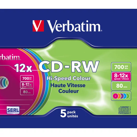 Verbatim CD-RW Colour újraírható lemez 12X 700MB - színes (5db slim tokban)