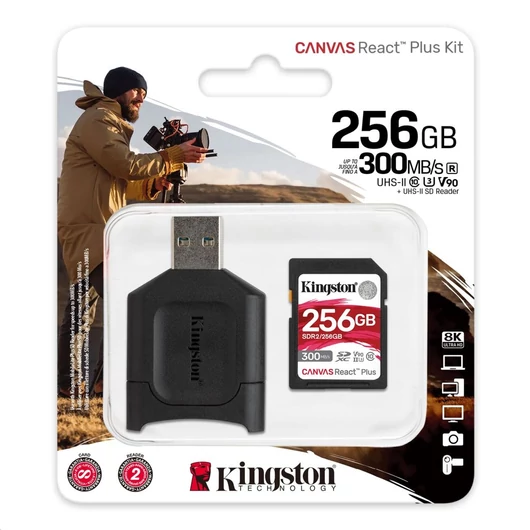 MLPMR2/128GB KINGSTON CANVAS REACT PLUS SDXC + KÁRTYAOLVASÓ 256GB CL10 UHS-II U3 V90 (300 MB/s olvasási sebesség)