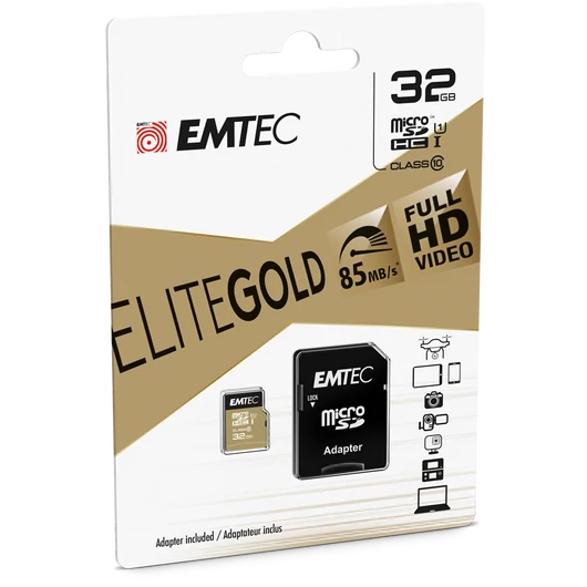 Emtec 32GB microSDHC memóriakártya Class 10 Gold+ (85MB/s. 21MB/s) + adapter - ECMSDM32GHC10GP
