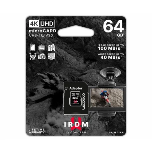 IR-M3AA-0640R12 GOODRAM IRDM MICRO SDXC + ADAPTER 64GB CL10 UHS-I U3 A1 V30 (100 MB/s olvasási sebesség)