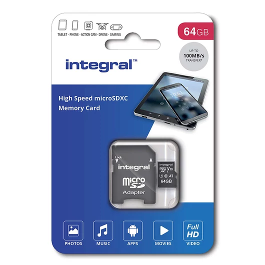 Integral 64GB Micro SDHC INMSDH32G-100V10 memóriakártya [100 MB/s] + Adapter 