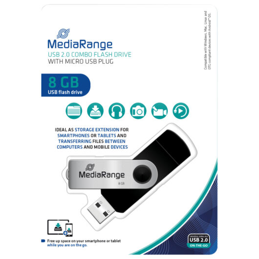 MR930-2 MEDIARANGE Combo PENDRIVE 8GB USB 3.0 + Type-C (OTG) Ezüst-fekete