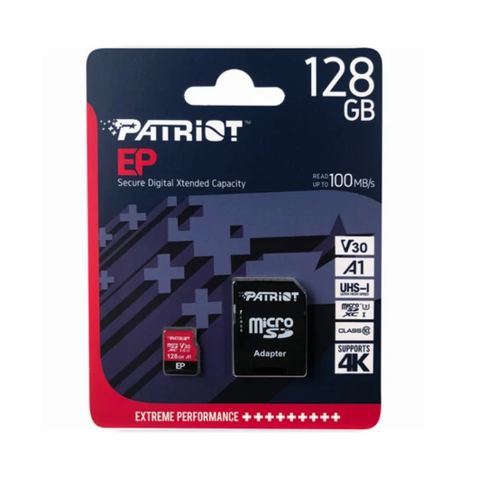 Patriot EP Series microSDXC memóriakártya adapterrel 128GB Class 10 UHS-I U3 A1 V30 (100/80 MB/s)