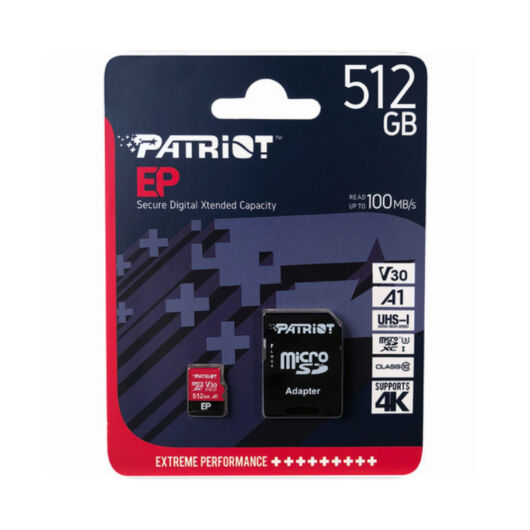 PEF512GEP31MCX PATRIOT EP SERIES MICRO SDXC + ADAPTER 512GB CL10 UHS-I U3 A1 V30 (100 MB/s olvasási sebesség)