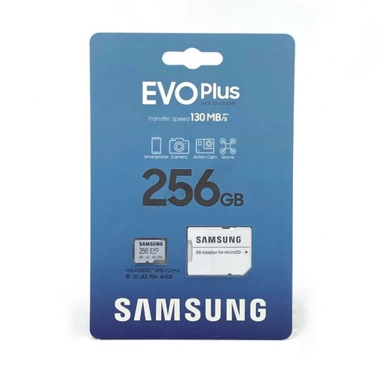 MB-MC256KA/EU SAMSUNG EVO PLUS MICRO SDXC + ADAPTER 256GB CL10 UHS-I (130 MB/s olvasási sebesség)