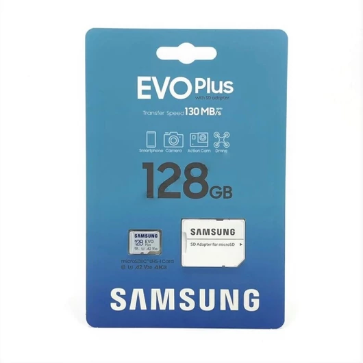 MB-MC128KA/EU SAMSUNG EVO PLUS MICRO SDXC + ADAPTER 128GB CL10 UHS-I (130 MB/s olvasási sebesség)