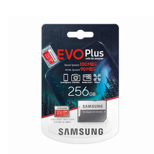 SAMSUNG EVO PLUS MICRO SDXC + ADAPTER 256GB CL10 UHS-I U3 (100 MB/s olvasási sebesség)
