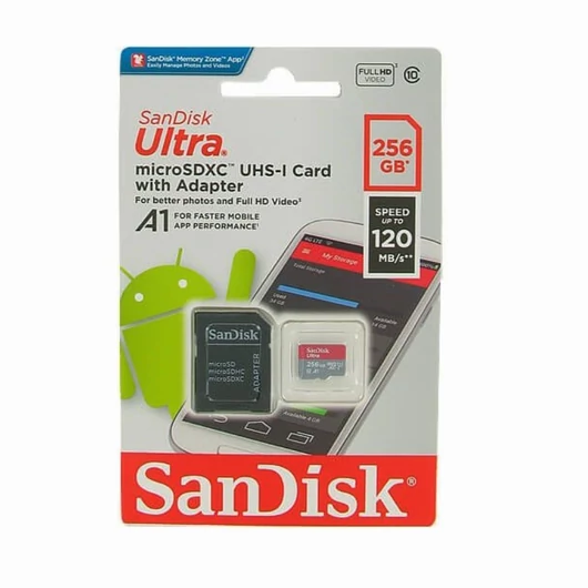 SDSQUA4-256G-GN6MA SANDISK ULTRA MICRO SDXC + ADAPTER 256GB CL10 UHS-I U1 A1 (120 MB/s olvasási sebesség)
