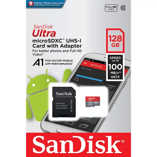 SanDisk Ultra 128GB Micro SDHC Memóriakártya A1 UHS-I Android Class 10 + Adapter (SDSQUAR-128G-GN6MA) - SDSQUAR_128G_GN6MA