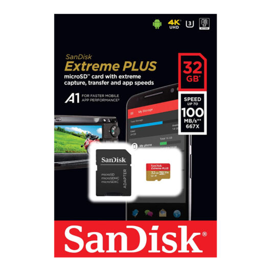 SDSQXBG-032G-GN6MA SANDISK EXTREME PLUS MICRO SDHC + ADAPTER 32GB CL10 UHS-I U3 V30 A1 (100 MB/s olvasási sebesség)