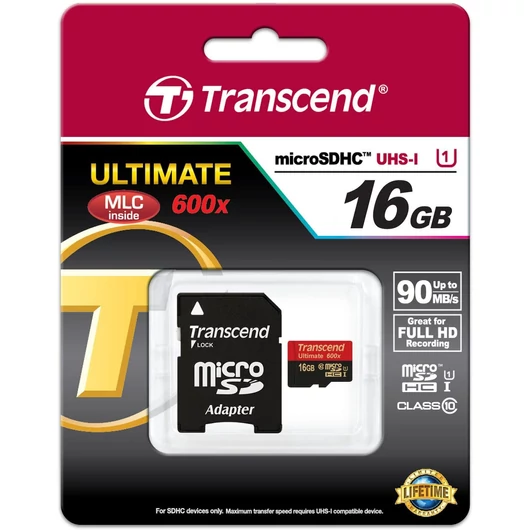 Transcend 16GB Micro SDHC Memóriakártya Class 10 UHS-I 600X - TS16GUSDHC10U1