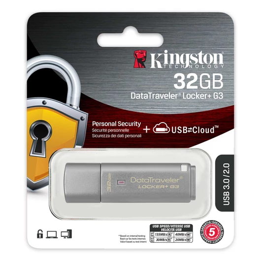Kingston DataTraveler Locker+ G3 32GB Pendrive - Titkosított - USB 3.0 (DTLPG3/32GB) - DTLPG3_32GB