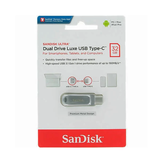 SanDisk Ultra Dual Drive Luxe pendrive 32GB USB Type-C és USB-A - ezüst
