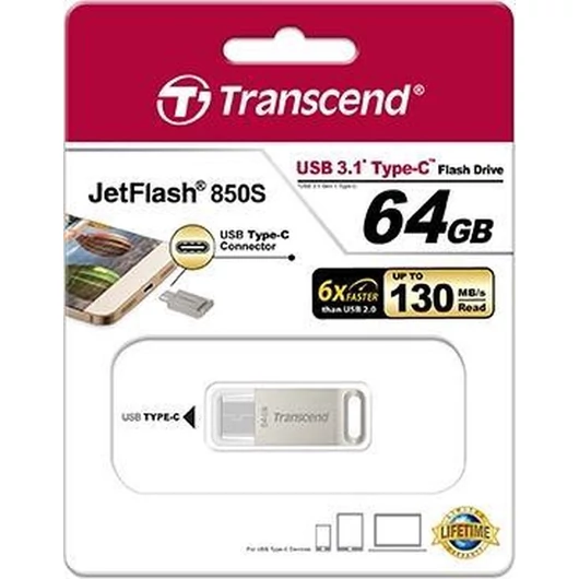 TS64GJF850S Transcend 1664GB Jetflash 850 [USB 3.1 Gen 1] Ezüst