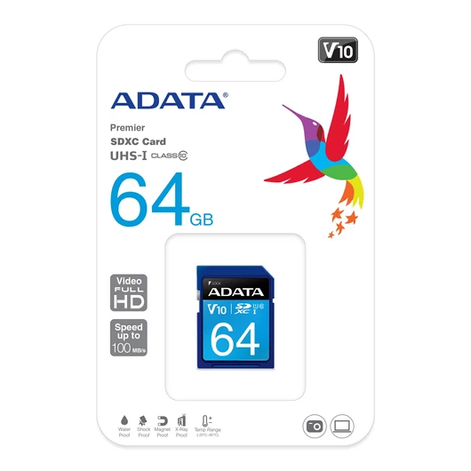 ADATA Premier SDXC memóriakártya 64GB CL10 UHS-I V10 100 MB/s olvasási sebességgel