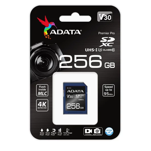 ASDX256GUI3V30S-R ADATA PREMIER PRO SDXC 256GB CL10 UHS-I U3 V30 (95 MB/s olvasási sebesség)