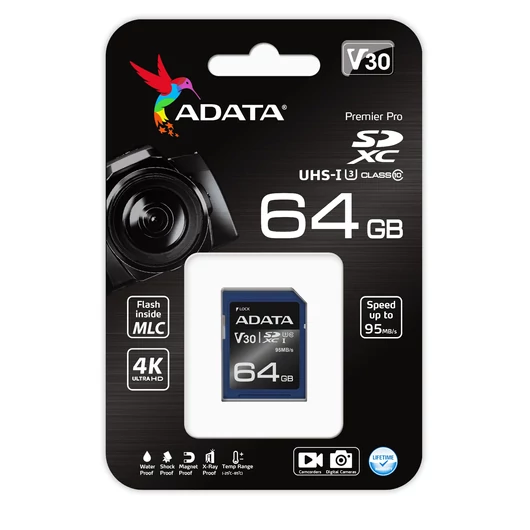 ADATA Premier Pro SDXC memóriakártya 64GB Class 10 UHS-I U3 V30 - kék (95 MB/s olvasási sebesség)