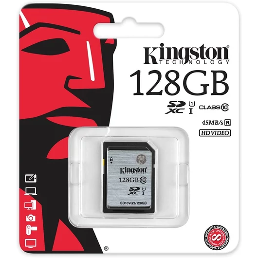 Kingston SDXC memóriakártya 128GB Class 10 UHS-I U1 (45 MB/s olvasási sebesség)